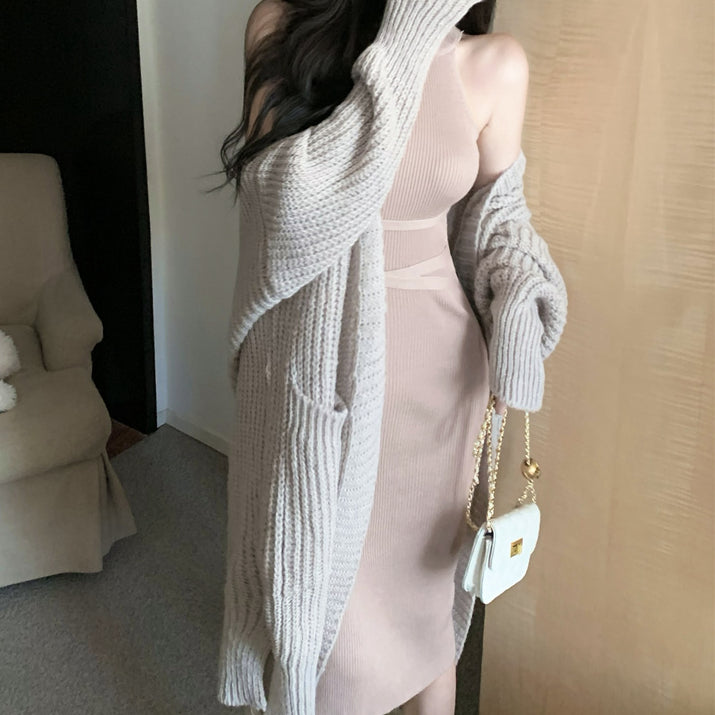 Knit Halter Dress Long Sweater Cardigan Set