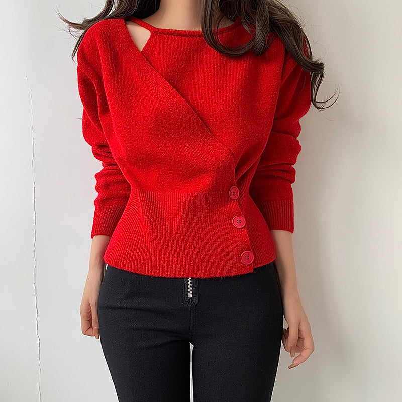 Waist-In Fake Two-Piece Three-Button Knit Sweater