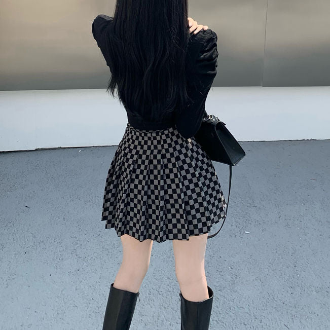 V-Neck Puff Sleeve Knit Top Checkerboard Skirt