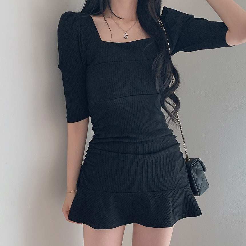 Square Neck Clavicle Slim Fit Puff Sleeve Short Dress