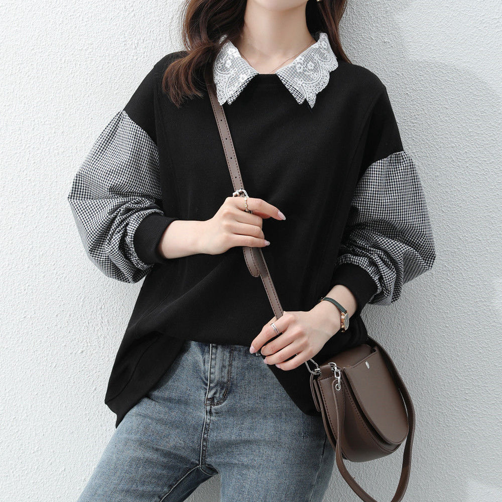 Lace Lapel Plaid Long Sleeve Loose Sweatshirt