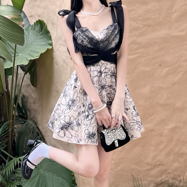 Mesh Twist Lace-Up Floral Sleeveless Dress