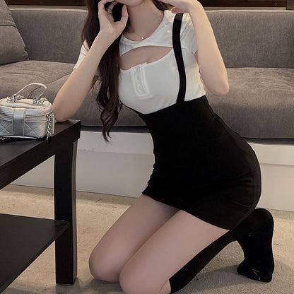 Cutout Short Sleeve T-Shirt Slit Suspender Skirt Suit