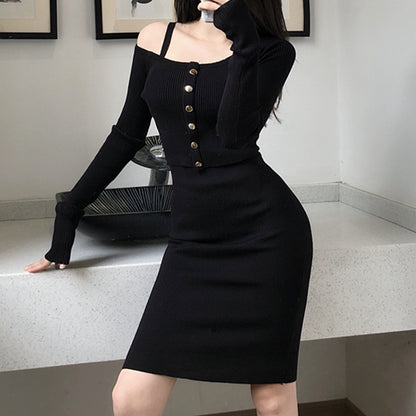 Slim Fit Slip Dress Long Sleeve Knitted Top Set