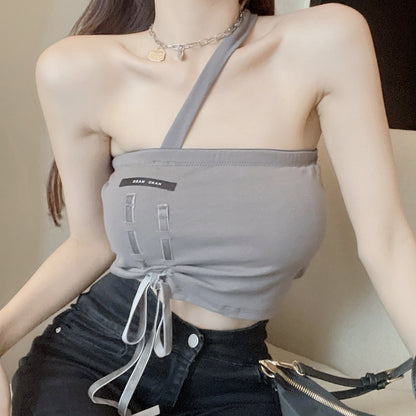 One-Shoulder Drawstring Tab Cropped Tank Top