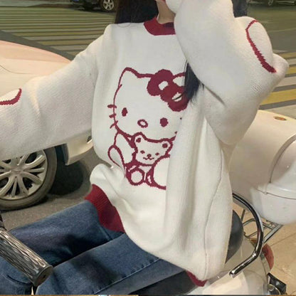 Loose Soft Contrast Color Cartoon Hello Kitty Knit Sweater Top