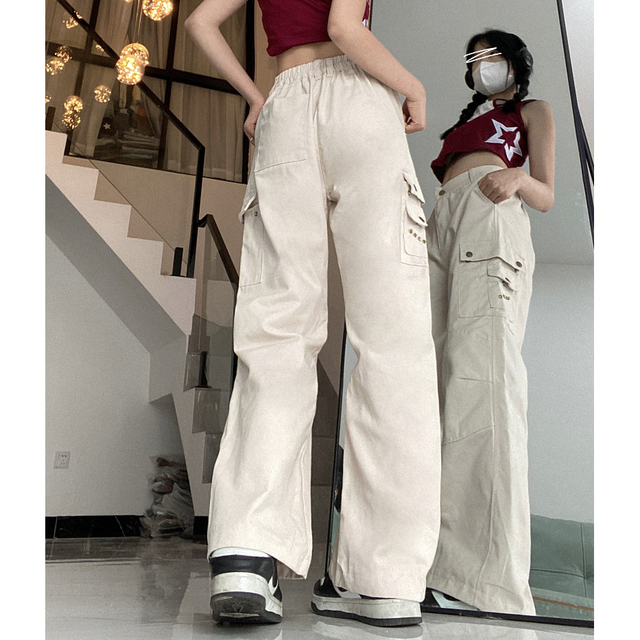 Studded Pocket Cargo Straight Leg High Rise Trousers