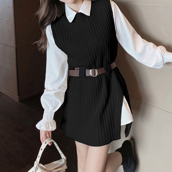 Sleeveless Knit Vest Flared Sleeve Lapel Shirt Set