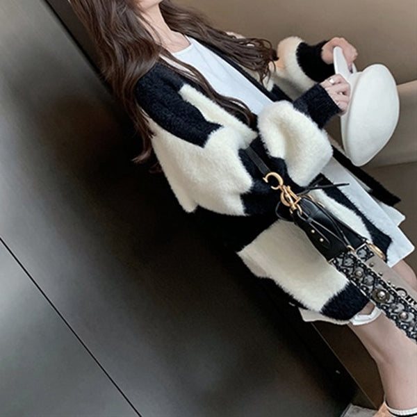 Long Sleeve Striped Colorblock Knit Sweater Cardigan Winter Clothes