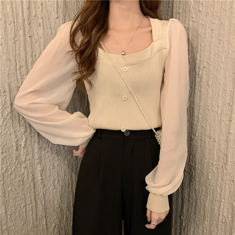 Square Neck Top Clavicle Panel Knit Shirt