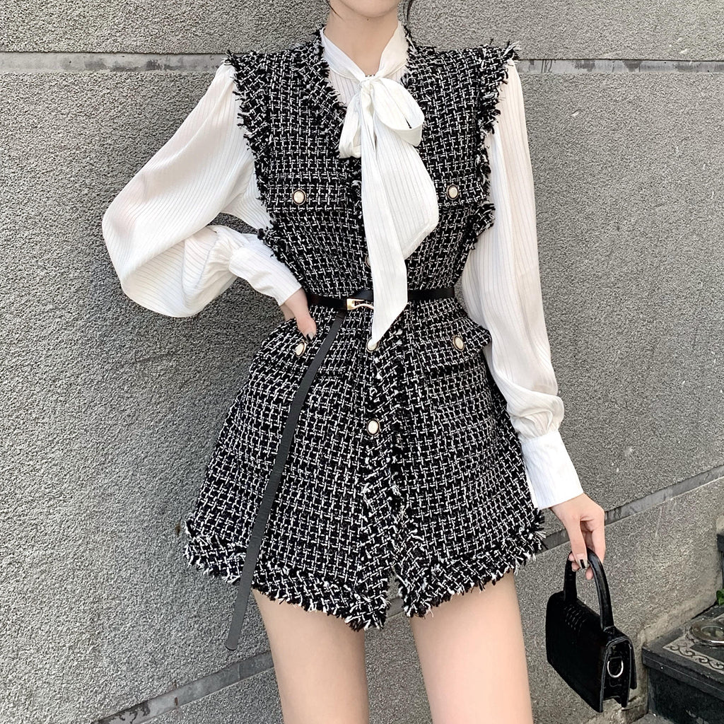 Plaid Tweed Waistcoat Pleated Top Suit