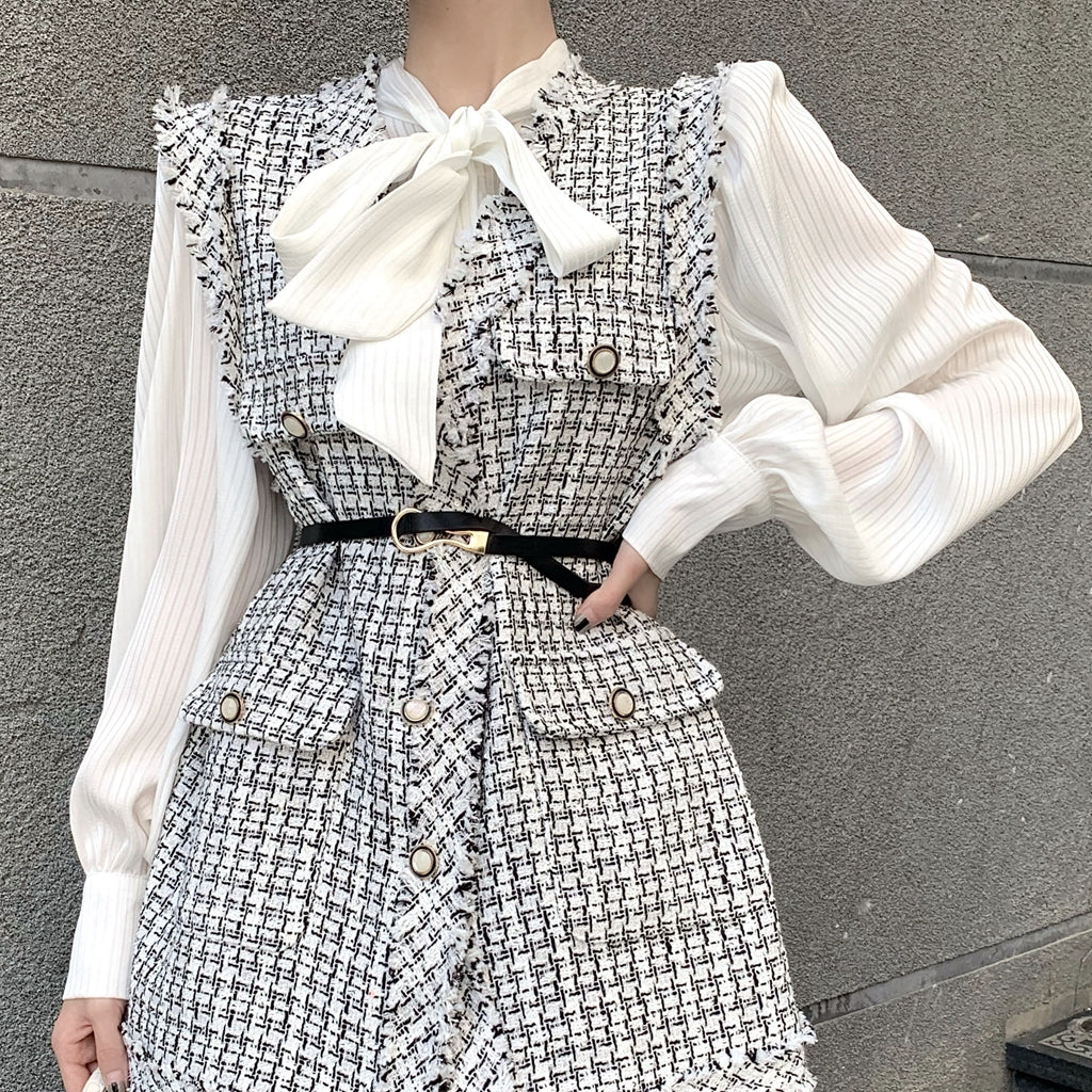 Plaid Tweed Waistcoat Pleated Top Suit