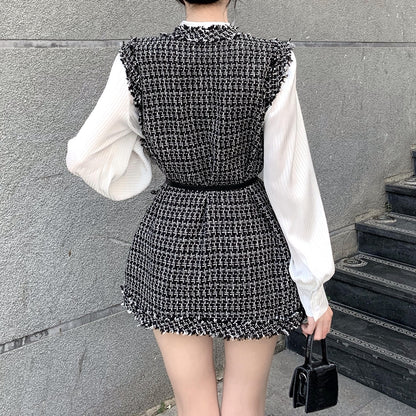 Plaid Tweed Waistcoat Pleated Top Suit