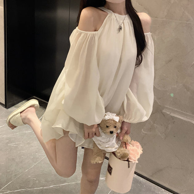 Halter Neck Lantern Sleeve High Waist Dress