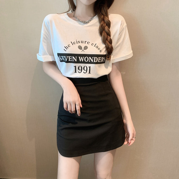 Printed T-Shirt Arc Hem Slit High Waist Skirt Set