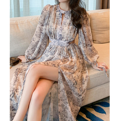 Long Sleeve Resort Chiffon Beach Floral Dress