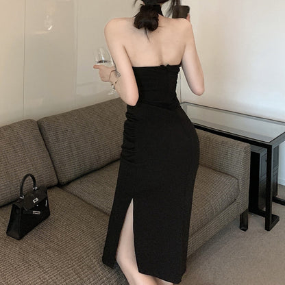 High Waist Pleated Slit Halter Cocktail Dress