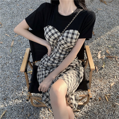 One-Step Dress With Stitching Plaid Slit