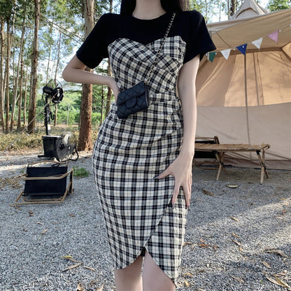 One-Step Dress With Stitching Plaid Slit