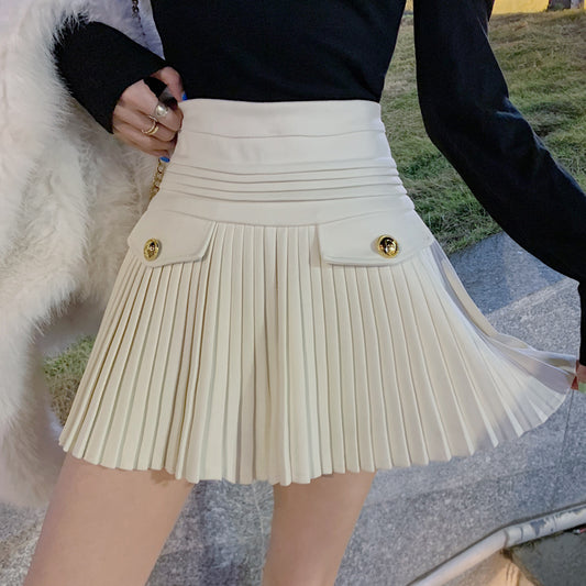 High Waist Pleated Solid Color A-Line Skirt