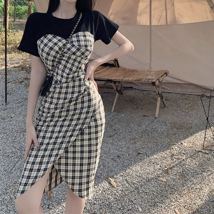 One-Step Dress With Stitching Plaid Slit