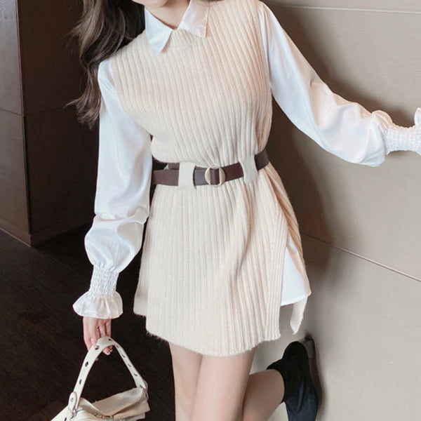 Sleeveless Knit Vest Flared Sleeve Lapel Shirt Set