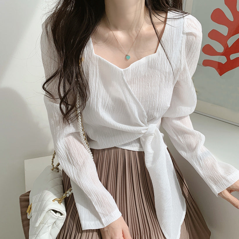 Square Neck Chiffon Clavicle Cropped Shirt