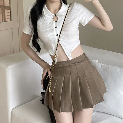 Polo Neck Short Sleeve Top Pleated Skirt Set