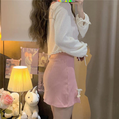 Slit Slim Bow Pink Dress White Cardigan Set