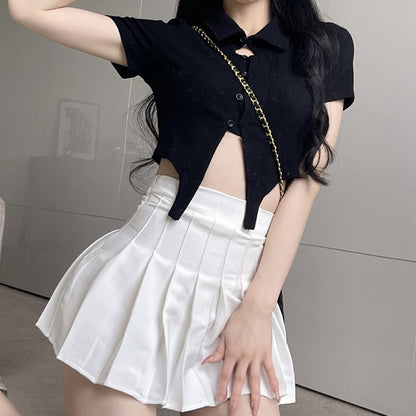 Polo Neck Short Sleeve Top Pleated Skirt Set