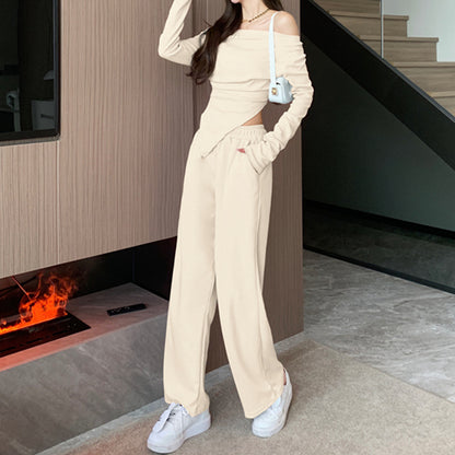 Strapless Irregular Top High Waist Casual Trousers Set