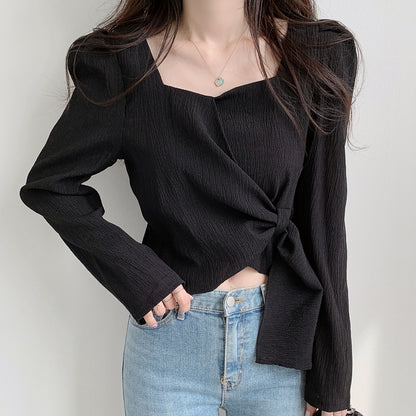 Square Neck Chiffon Clavicle Cropped Shirt