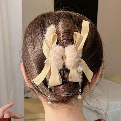 Bow Plush Pearl Tassel Shark Hair Clip