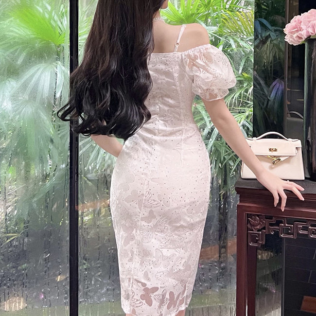 Puff Sleeve Butterfly White Slit Slim Cocktail Dress