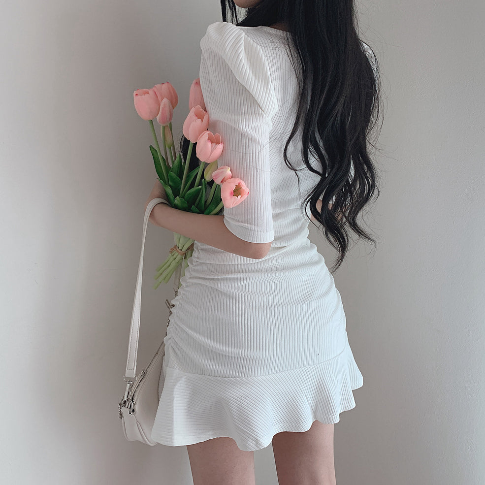 Square Neck Clavicle Slim Fit Puff Sleeve Short Dress