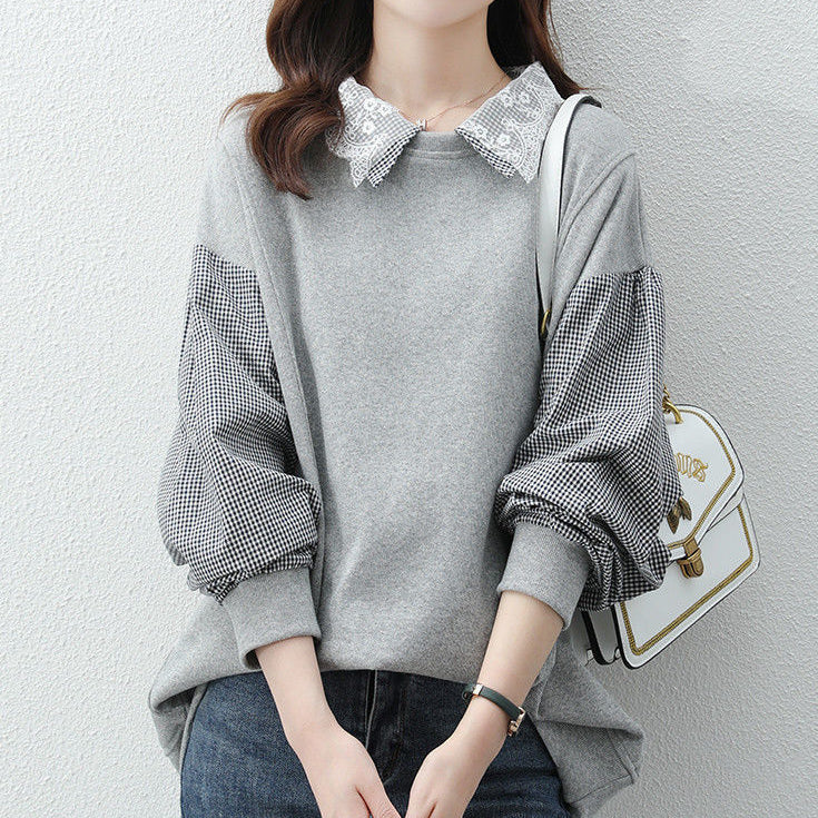 Lace Lapel Plaid Long Sleeve Loose Sweatshirt