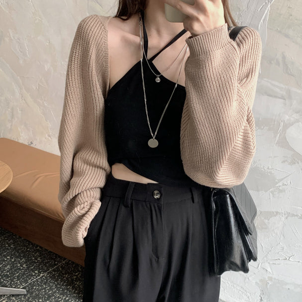 Solid Color V-Neck Long-Sleeved Knitted Cardigan Top