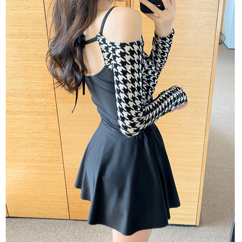 Houndstooth Backless Skirt One-Piece Swimsuit