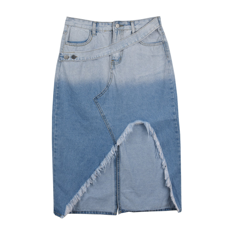 High Waist Gradient Blue Denim Slit Skirt