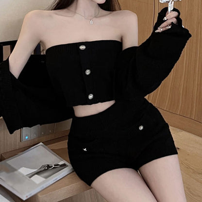 Long Sleeve Cardigan Knit Tube Top Shorts Set