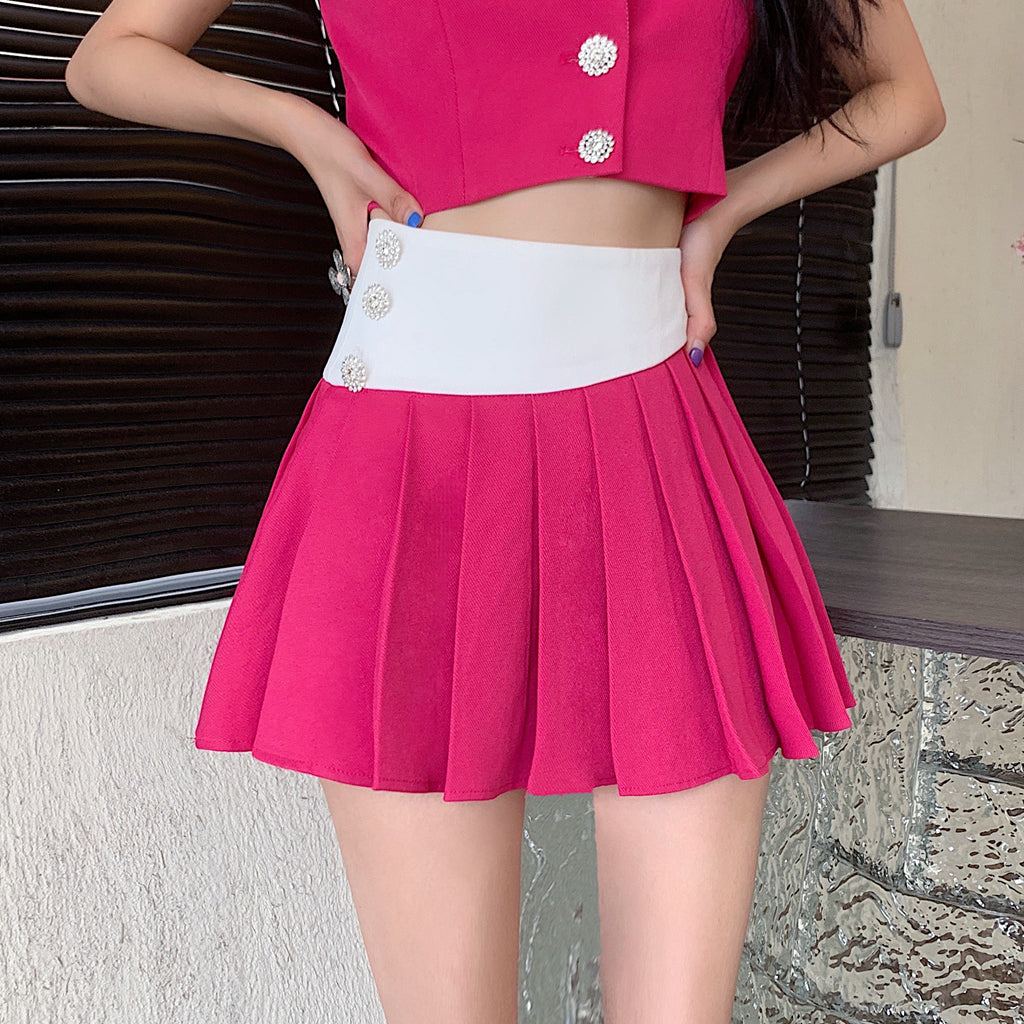 Sleeveless Blazer High Waist Pleated Skirt Set