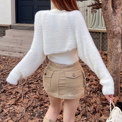 Set Knitted Halterneck Vest Cardigan Sweater Top