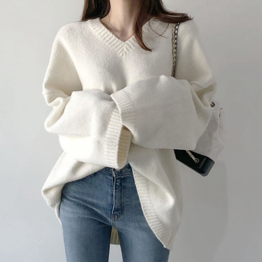 V-Neck Knitted Long-Sleeved Straight Sweater