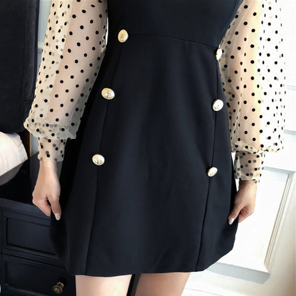 Polka Dot Mesh Panel Lantern Puff Sleeve Dress