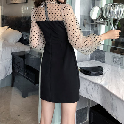 Polka Dot Mesh Panel Lantern Puff Sleeve Dress