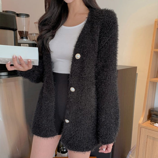 Furry Short Coat Knitted Cardigan Sweater