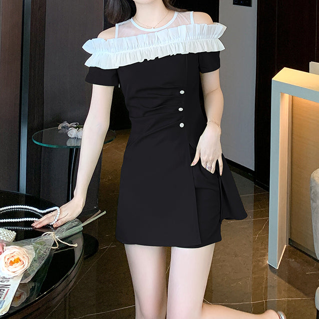 Tulle Lace Collar Slim Dress Shorts Set