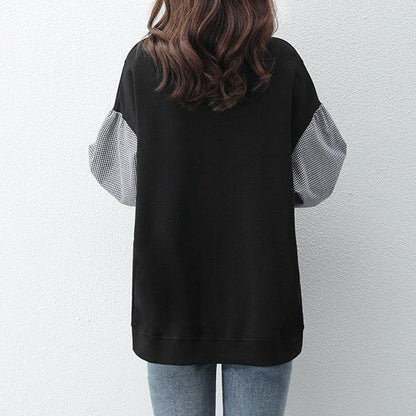 Lace Lapel Plaid Long Sleeve Loose Sweatshirt