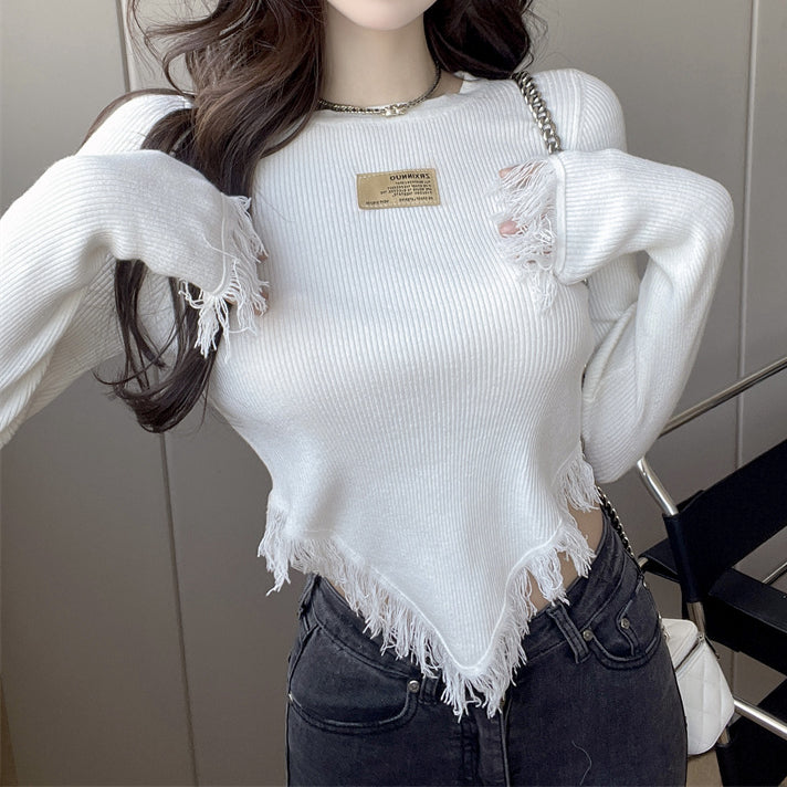 Irregular Fringe Label Long Sleeve Knit Top