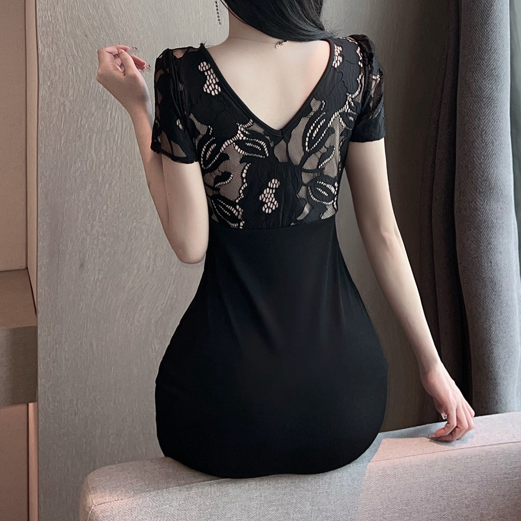 Low Cut V-Neck Lace Slit Sexy Slim Dress